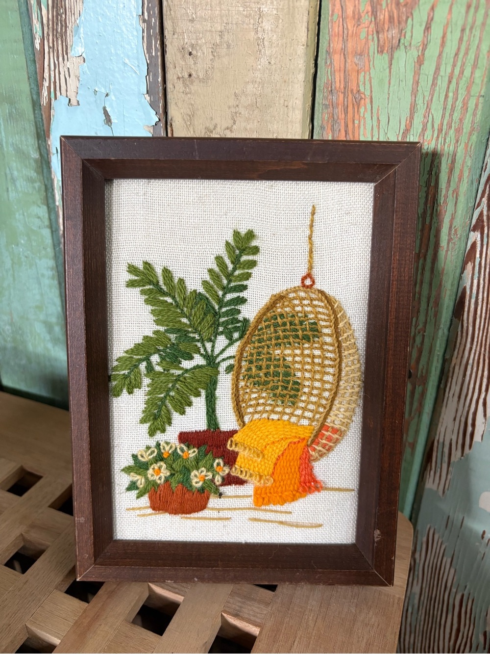Vintage Crewel Embroidery Rattan Swing wall art framed